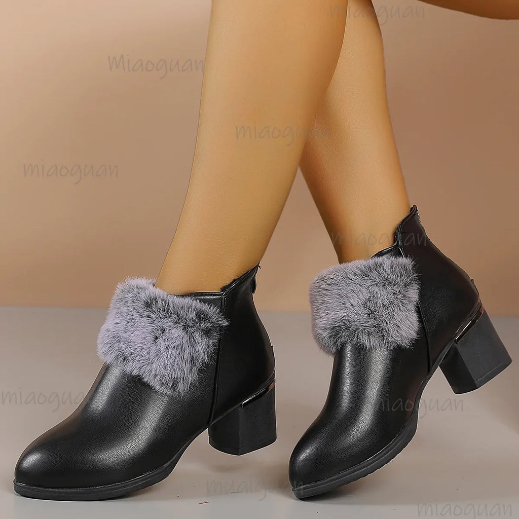 Women's Fur-Lined Chunky Heel Ankle Boots | Winter PU Leather