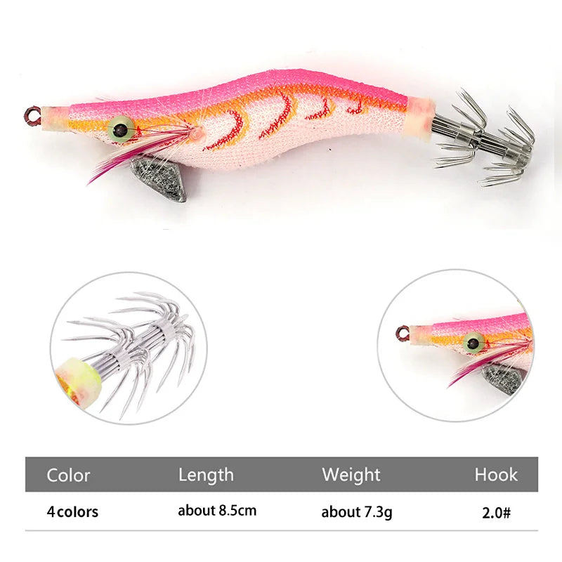 Squid Jig Shrimp Fishing Lures Wood Prawn Baits Hooks Angling Tackle