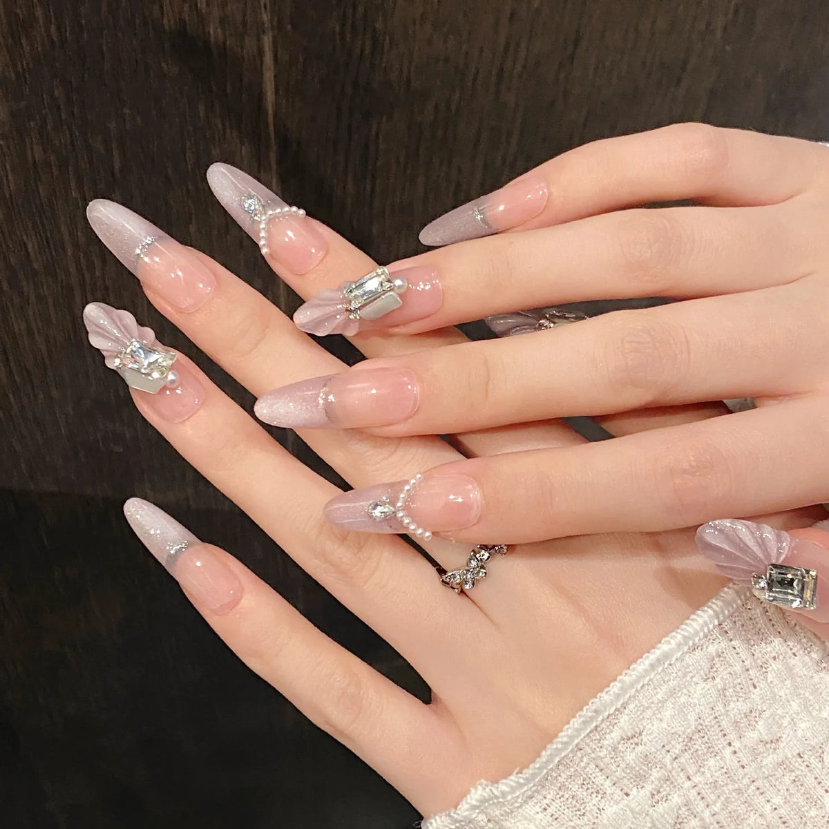 Handmade Press On Nails 3D Shell Crystal Purple Cat Eye – 10pcs