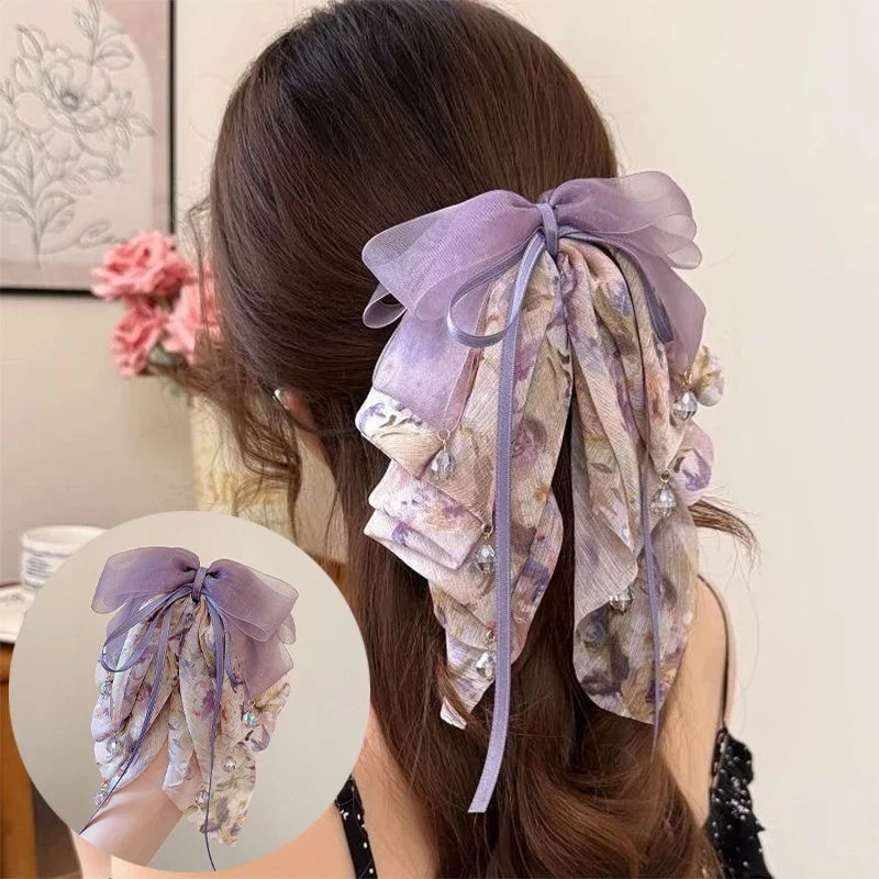 Floral Bow Bead Shark Clip – French Elegant Hair Claw