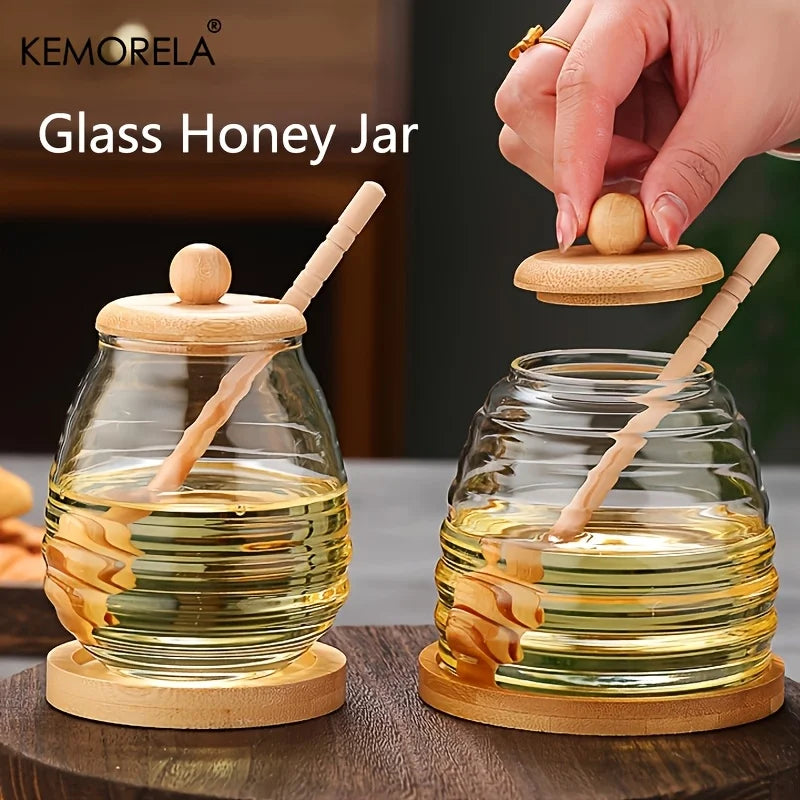 KEMORELA Glass Honeycomb Honey Jar with Dipper & Lid – 400ml