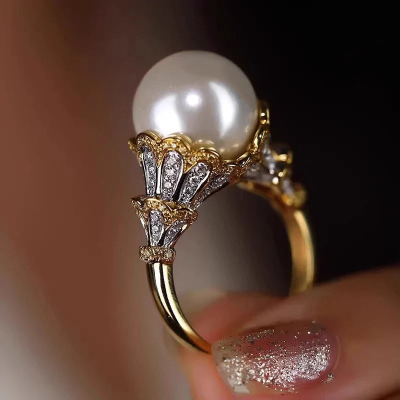 Huitan Pearl & CZ Pave Engagement Ring for Women | Sizes 5–14
