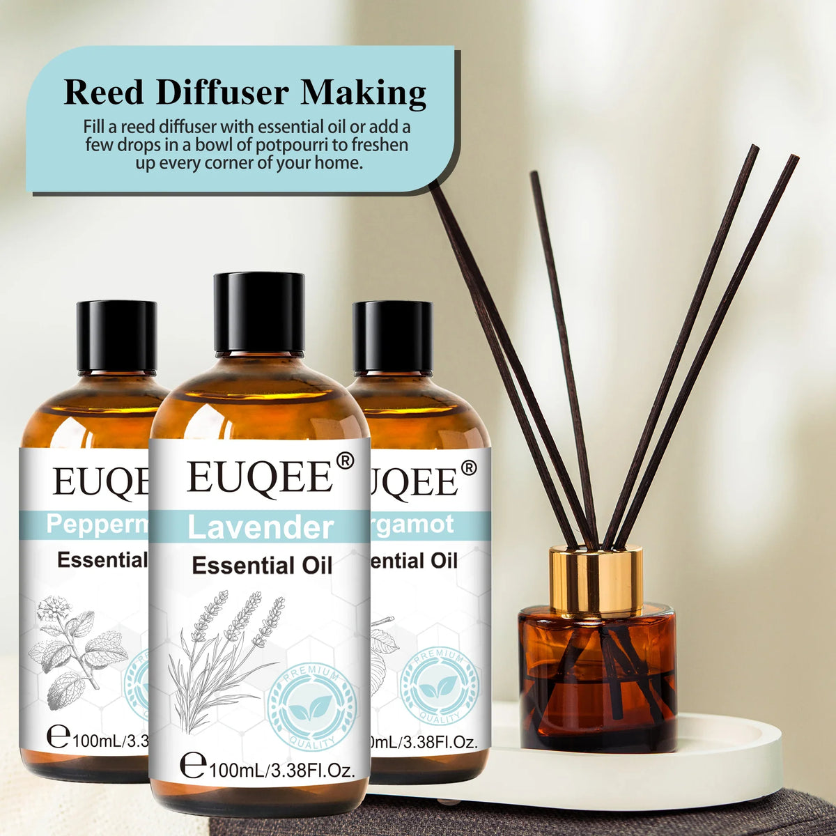 EUQEE 100ml Essential Oil for Diffuser – Lavender, Rose & More