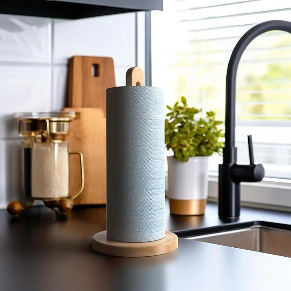 Wooden Vertical Tissue Stand Non Slip Base Countertop Roll Paper Rack