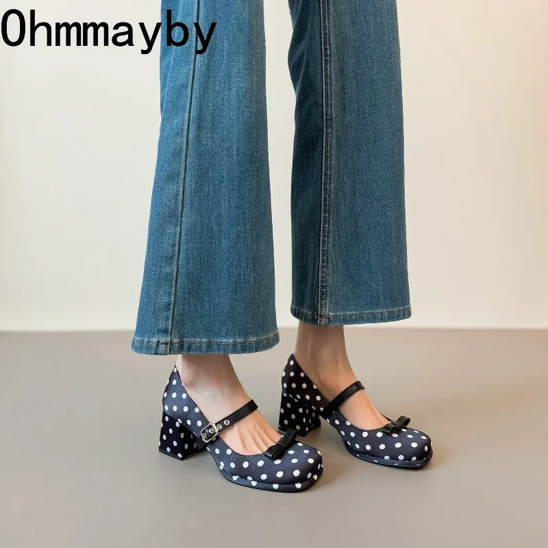 Vintage Polka Dot Mary Jane Pumps | Women's Square Heel Shoes
