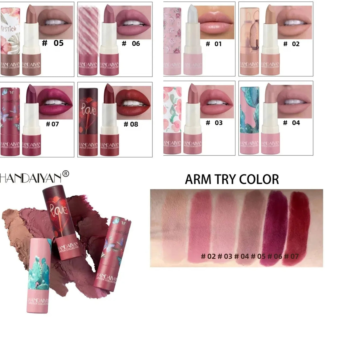 Handaiyan Velvet Matte Lipstick – 8 Shades, Waterproof & Moisturising