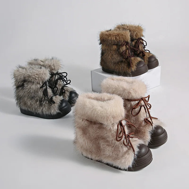 Women's Faux Fur Bow Ankle Snow Boots – Warm Winter Flats