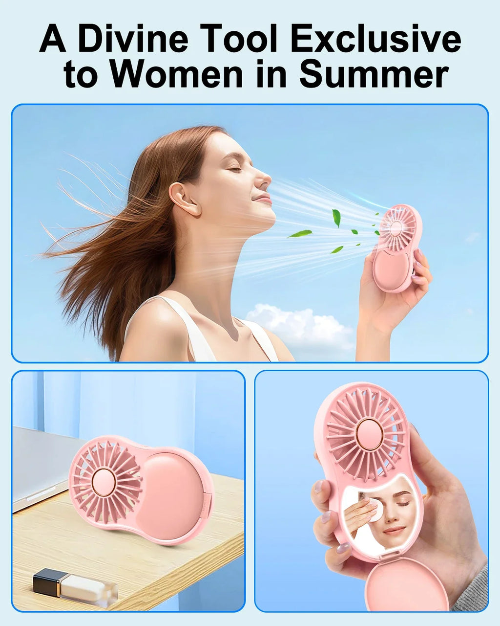 URGGU Mini Pocket Fan with Mirror & Light | USB-C Rechargeable
