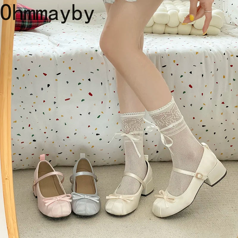 Women's Satin Butterfly-Knot Mary Jane Block Heel Pumps