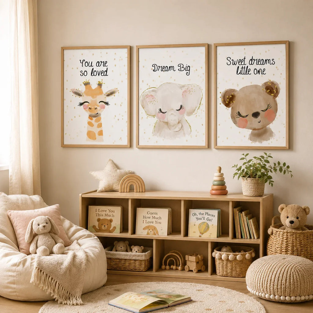 Nursery Animal Canvas Wall Art – Giraffe Bear Elephant Kids Print