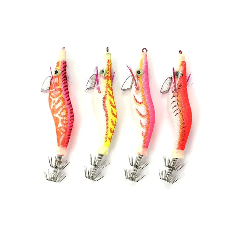Squid Jig Shrimp Fishing Lures Wood Prawn Baits Hooks Angling Tackle