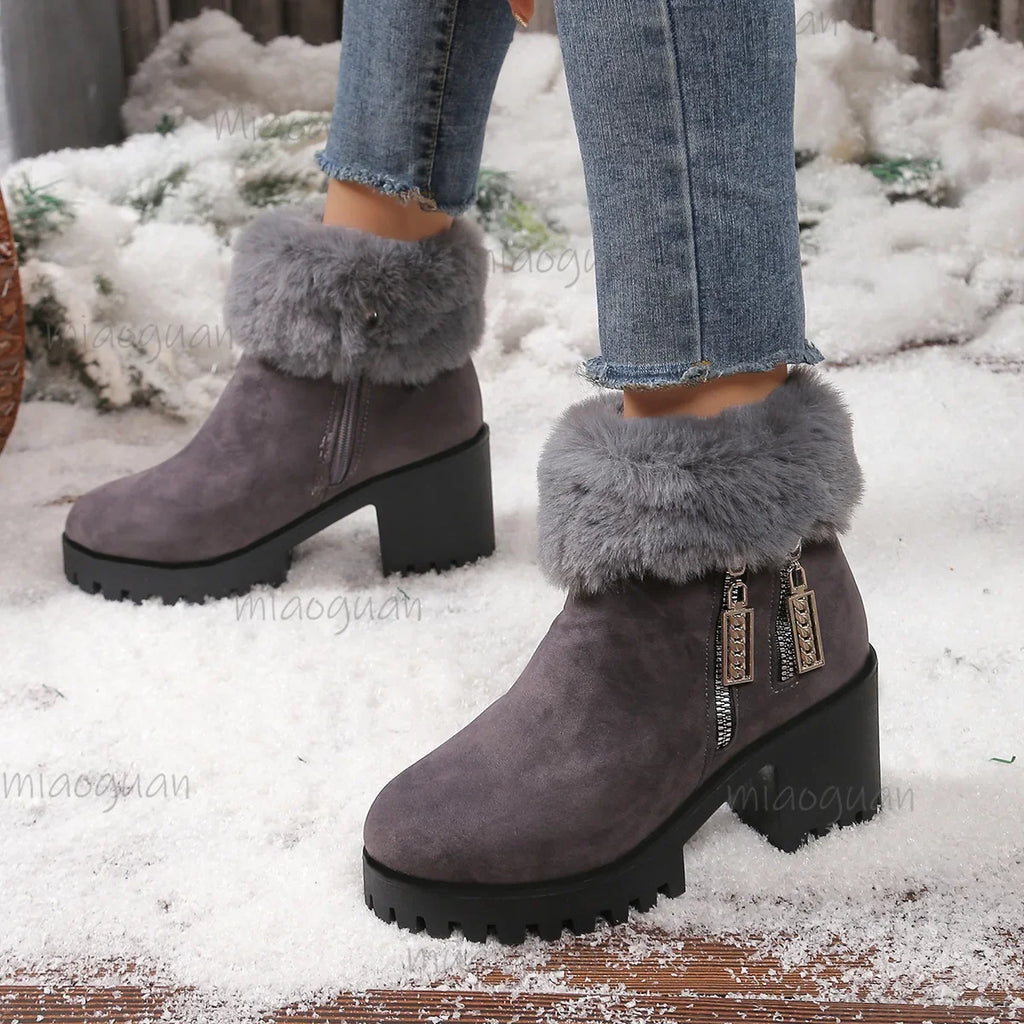 Women's Fluffy Ankle Boots – Furry High Heel Winter Snow Boots