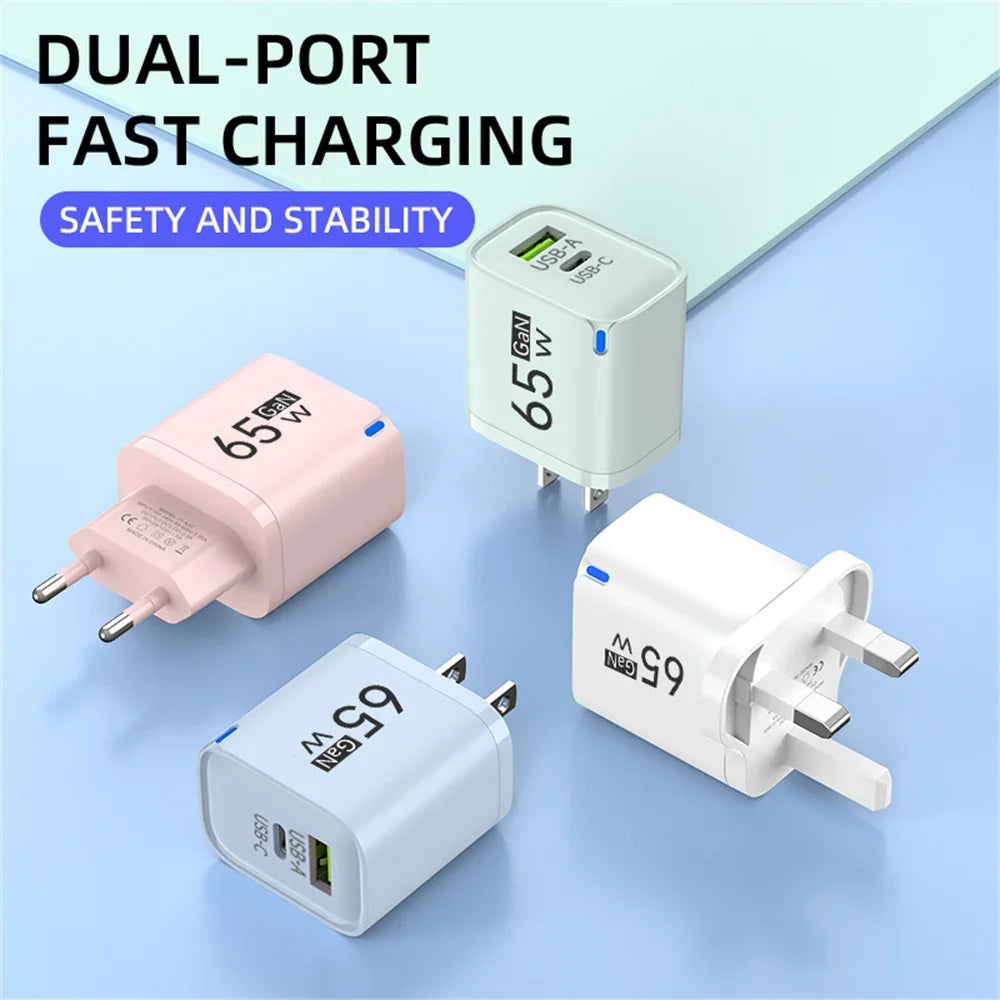 65W GaN 3-Port USB-C Fast Charger PD & QC 3.0 Adapter
