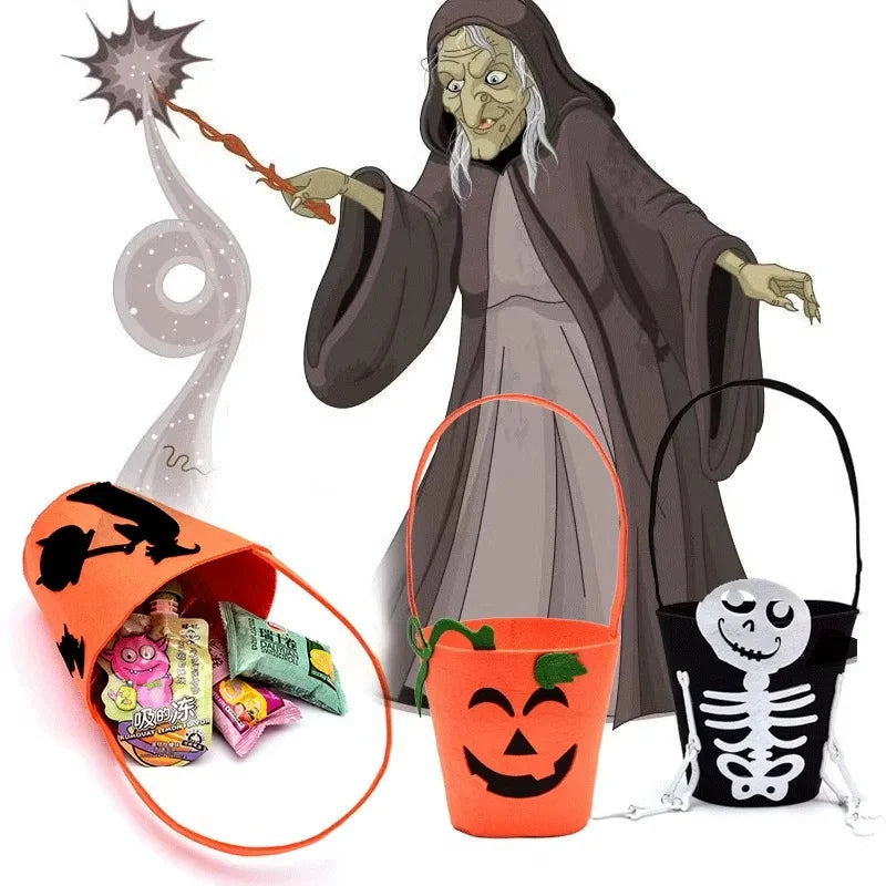 Halloween Theme Candy Bucket Bag Portable Basket Kids Trick Supports