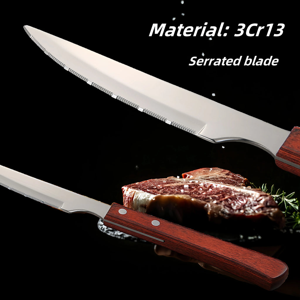 Serrated Steak Knife Set – Stainless Steel & Redwood Handle (1–12 Pc)