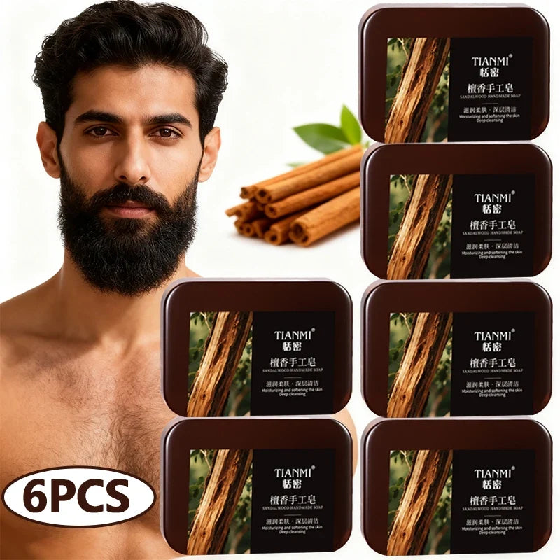 6-Pack Men's Sandalwood Handmade Soap – 3-in-1 Bar Set