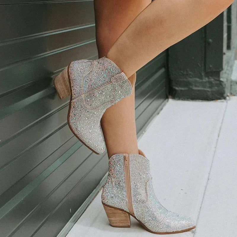 Women's Glitter Cowboy Ankle Boots – Sequin Western High Heel