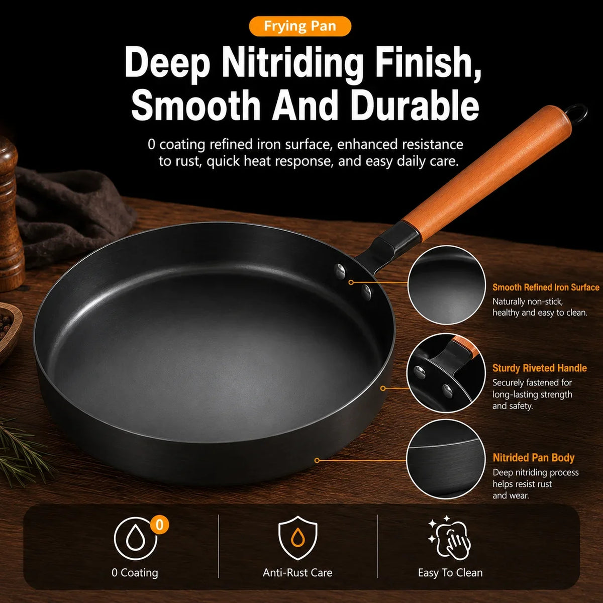 26cm Nitrided Iron Skillet – Japanese Nonstick Induction Frying Pan