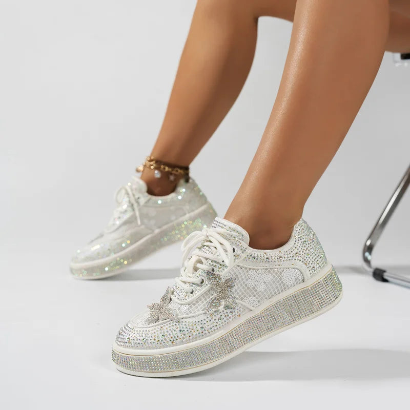 UXST Women's Sparkling Mesh Lace-Up Flat Sneakers