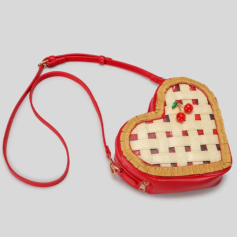 Sweet Love Hearts Shaped Crossbody Bag Women Cute Cherry Ornament Red