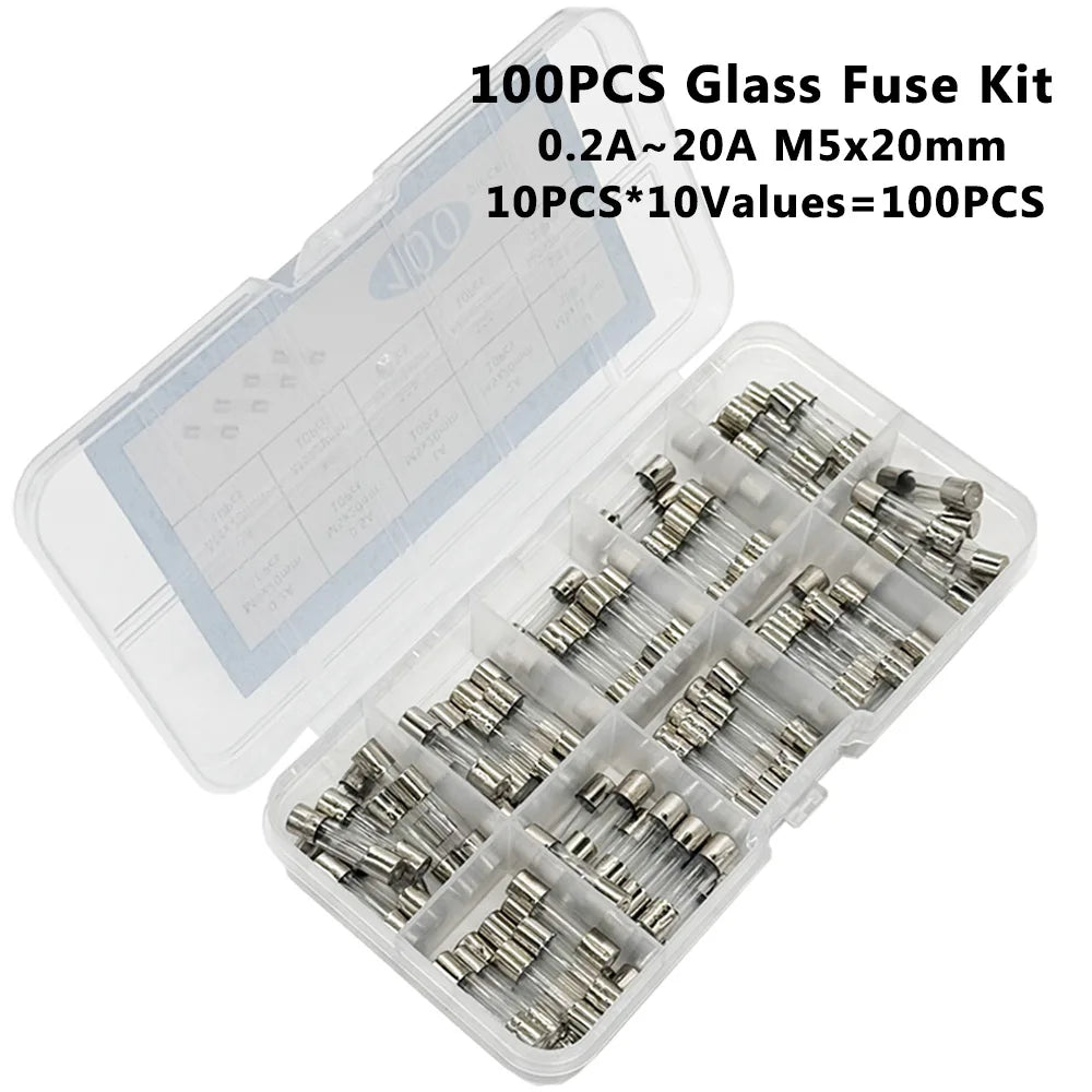 100 Pcs Fast-Blow Glass Fuse Kit 5x20mm 250V – 10 Values