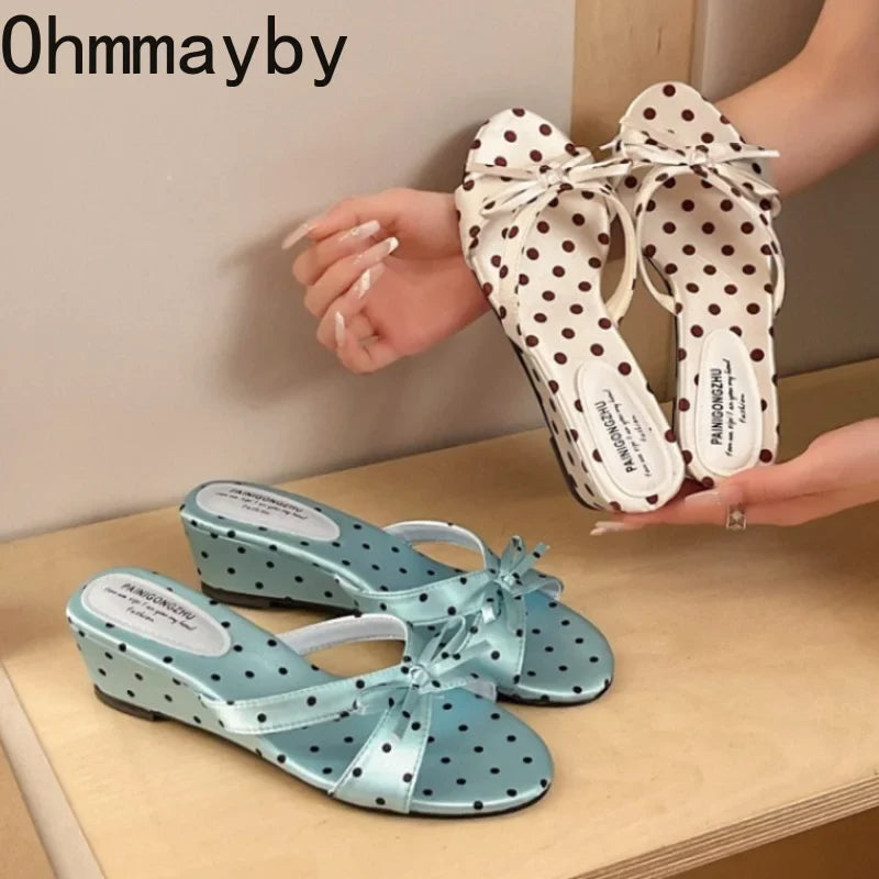 Satin Butterfly-Knot Women Wedge Slippers – Polka Dot Slides