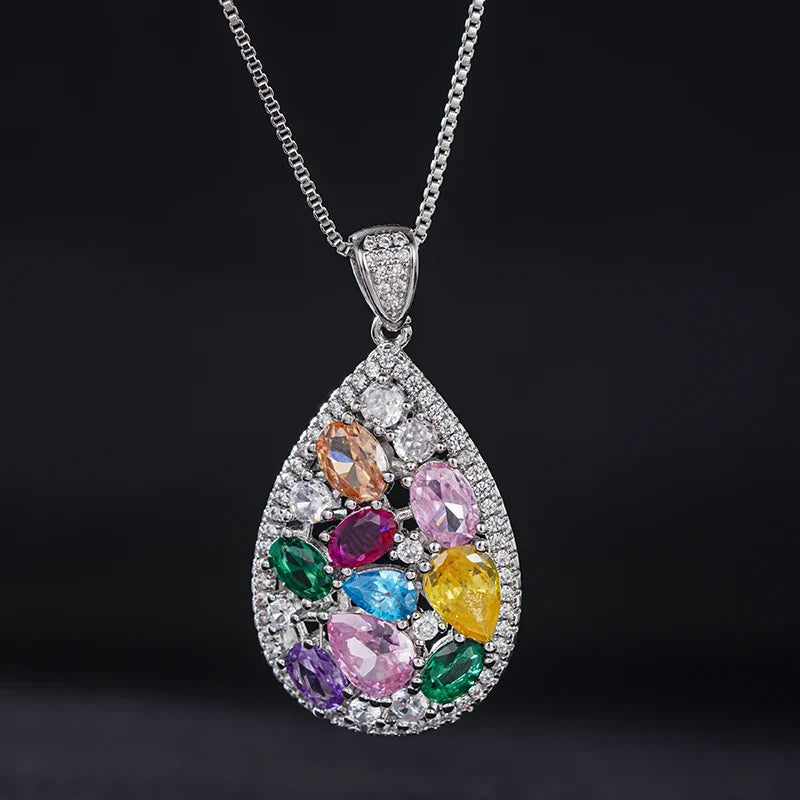 Huitan Pear Pendant Necklace – Colorful Cubic Zirconia Silver