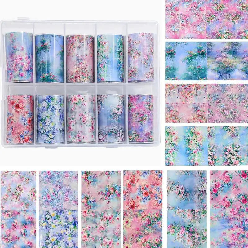 10-Roll Nail Art Foil Transfer Stickers – Floral & Starry Designs