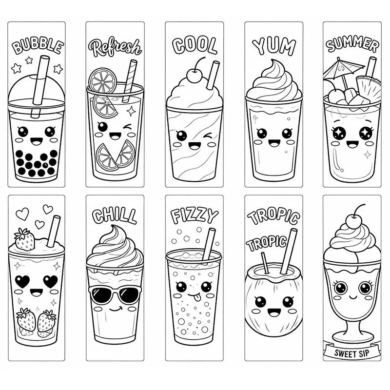 30-Pc Kawaii Summer Beverage DIY Coloring Bookmarks Set