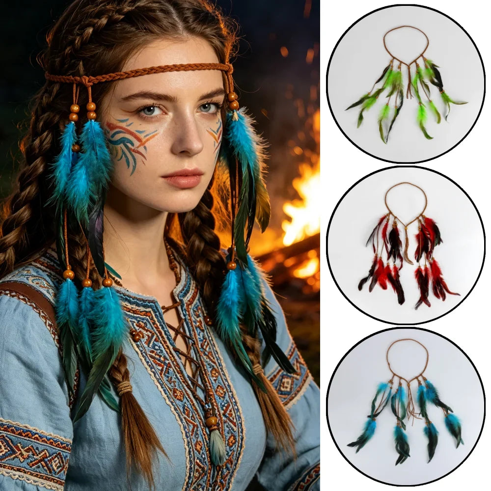 Bohemian Red Feather Headband Hippie Tribal Hair Accessory Festivals