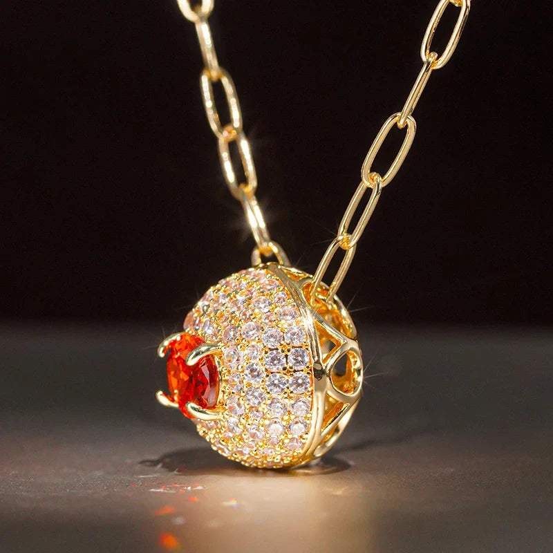 Huitan Orange Red CZ Oval Pendant Necklace | Paperclip Chain