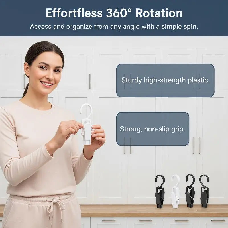 Durable Plastic Hanging Clips 360 Degree Swivel Hooks Non Slip Closet