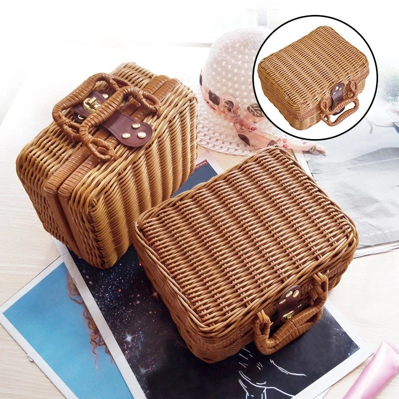 Retro Rattan Woven Storage Basket – Portable Handheld Organizer