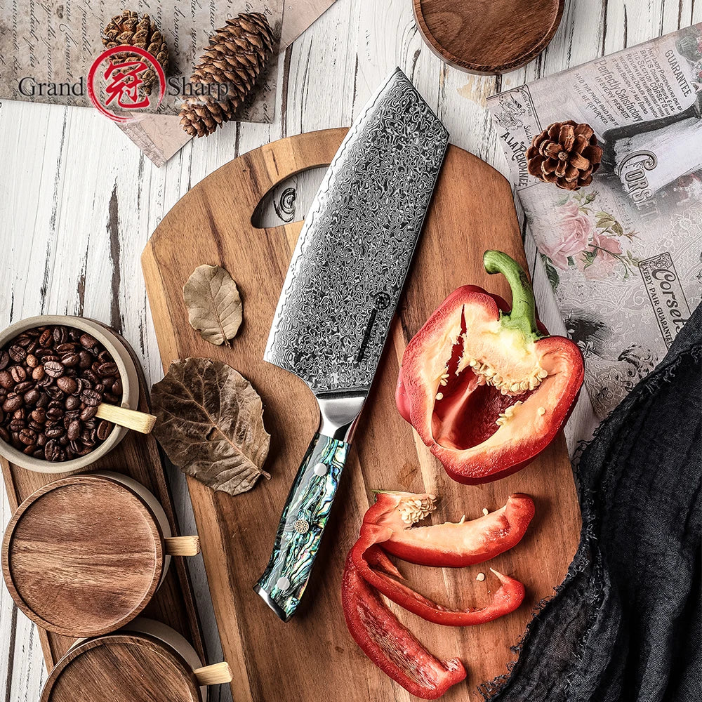 Grandsharp 7" Damascus Steel Cleaver – Abalone Shell Handle