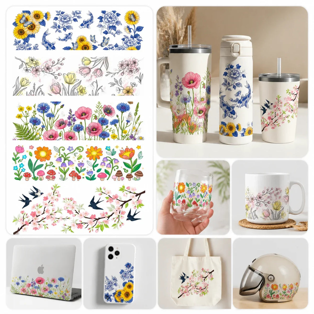 UV DTF Spring Floral Cup Wrap Stickers | Waterproof DIY Decals