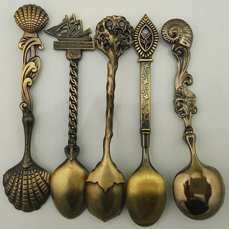 5-Piece Vintage Royal Gold Carved Spoon & Fork Cutlery Set
