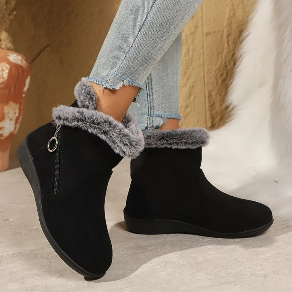 Women's Warm Plush Ankle Snow Boots – Zipper Flat Winter Shoes