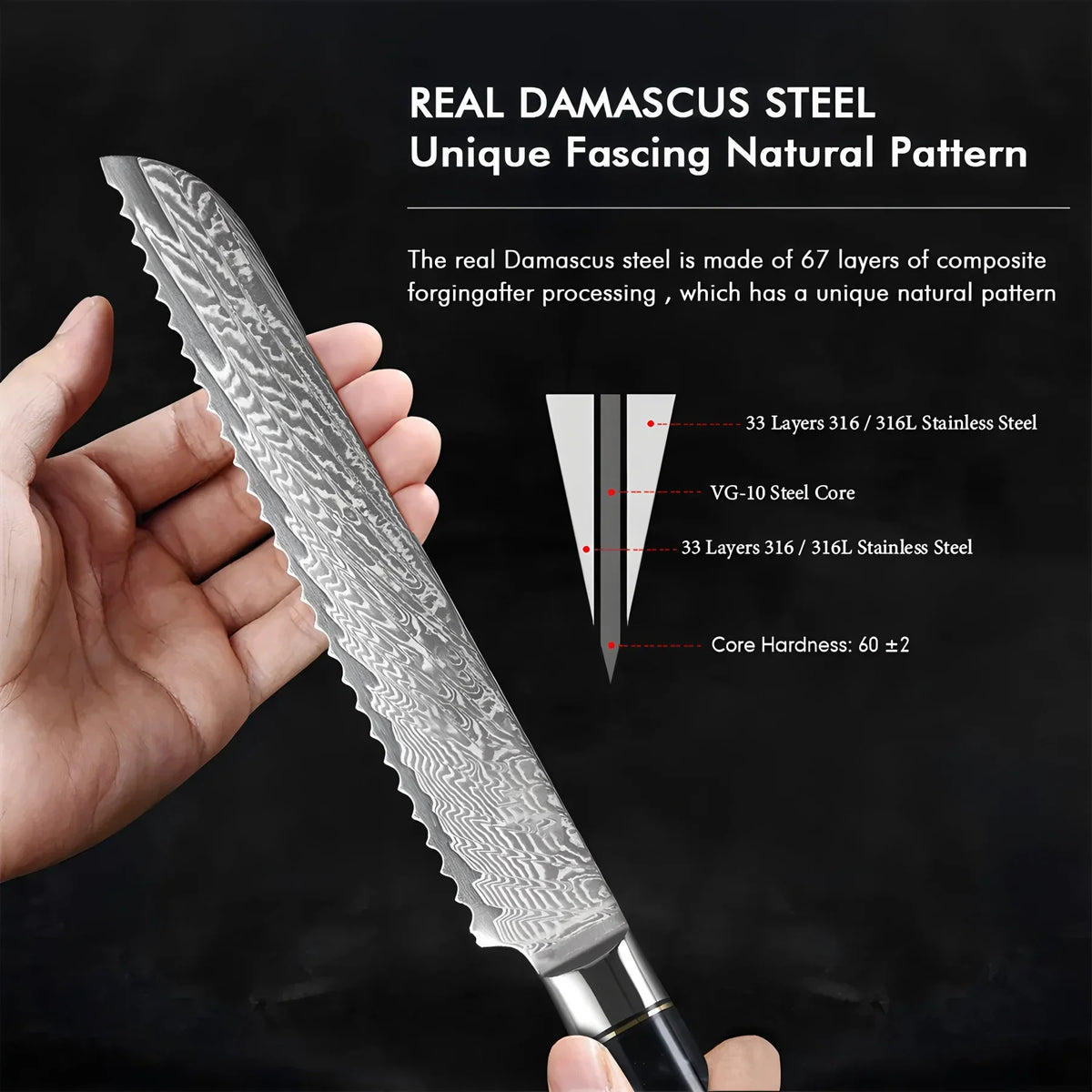 67-Layer Damascus Steel Bread & Cake Slicing Knife