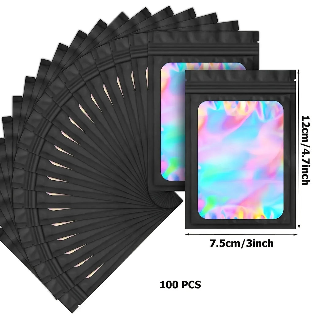 Holographic Sealed Storage Bags 100 Pcs – Black Small Item Pouches