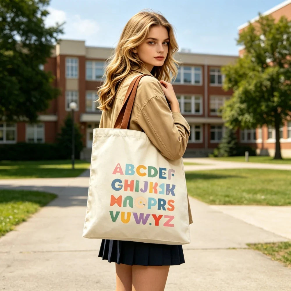 Colorful ABC Alphabet Canvas Tote Bag Large Capacity Eco Reusable