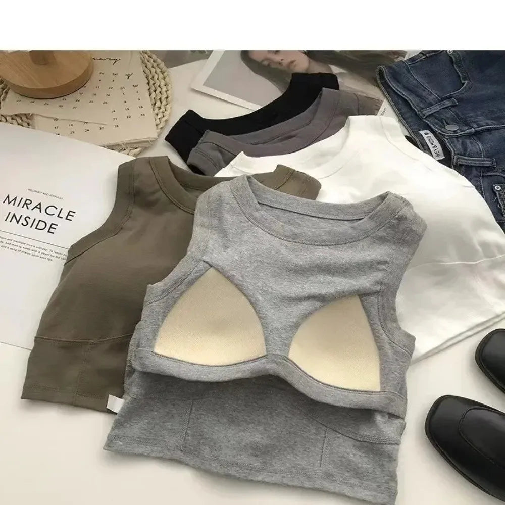 Women's Padded Crop Tank Top | U-Neck Bra Vest, Black & White