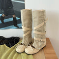 Y2K Knee-High Flat Boots – Double Buckle Bow Slip-On Booties