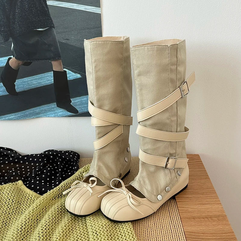 Y2K Knee-High Flat Boots – Double Buckle Bow Slip-On Booties
