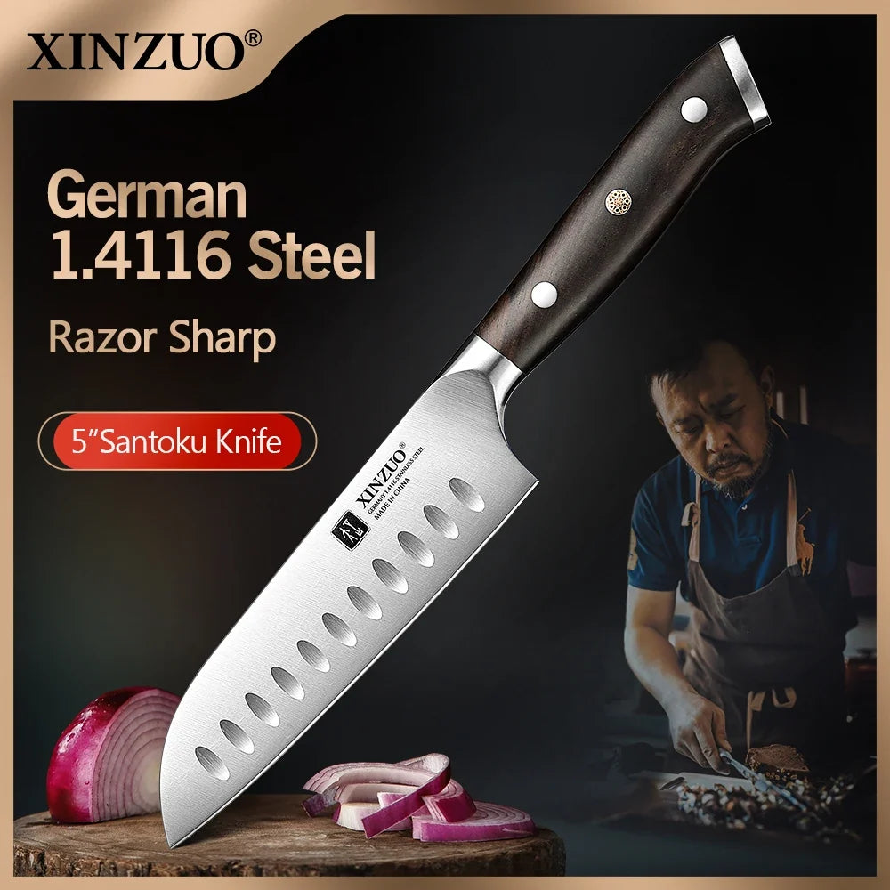 XINZUO 5-Inch Santoku Knife | German DIN 1.4116 Steel & Ebony Handle