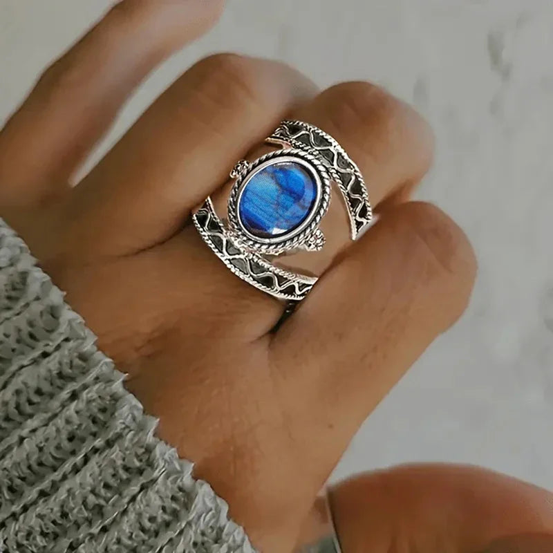 Huitan Blue Cubic Zirconia Hollow-Out Ring for Women