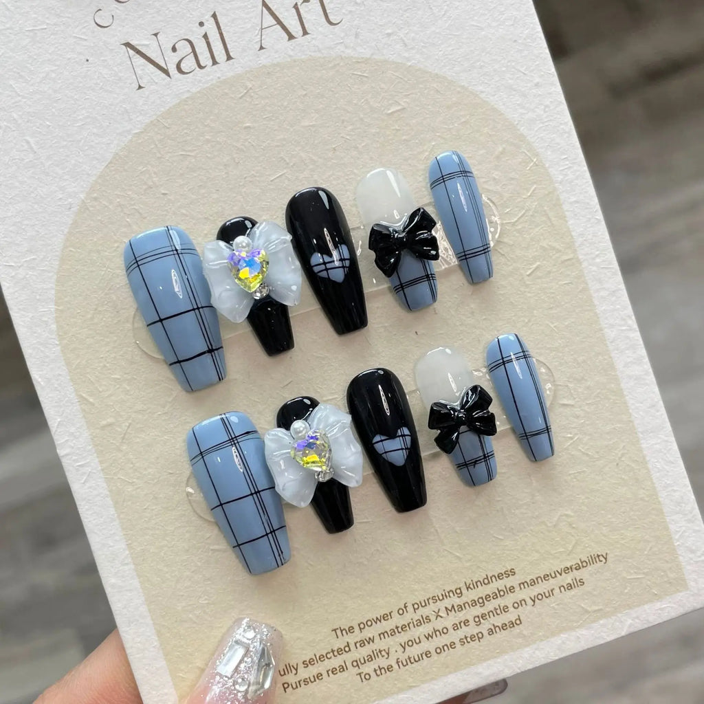 Korean Press-On Nails Black Bowknot Grid Design – 10pc Set