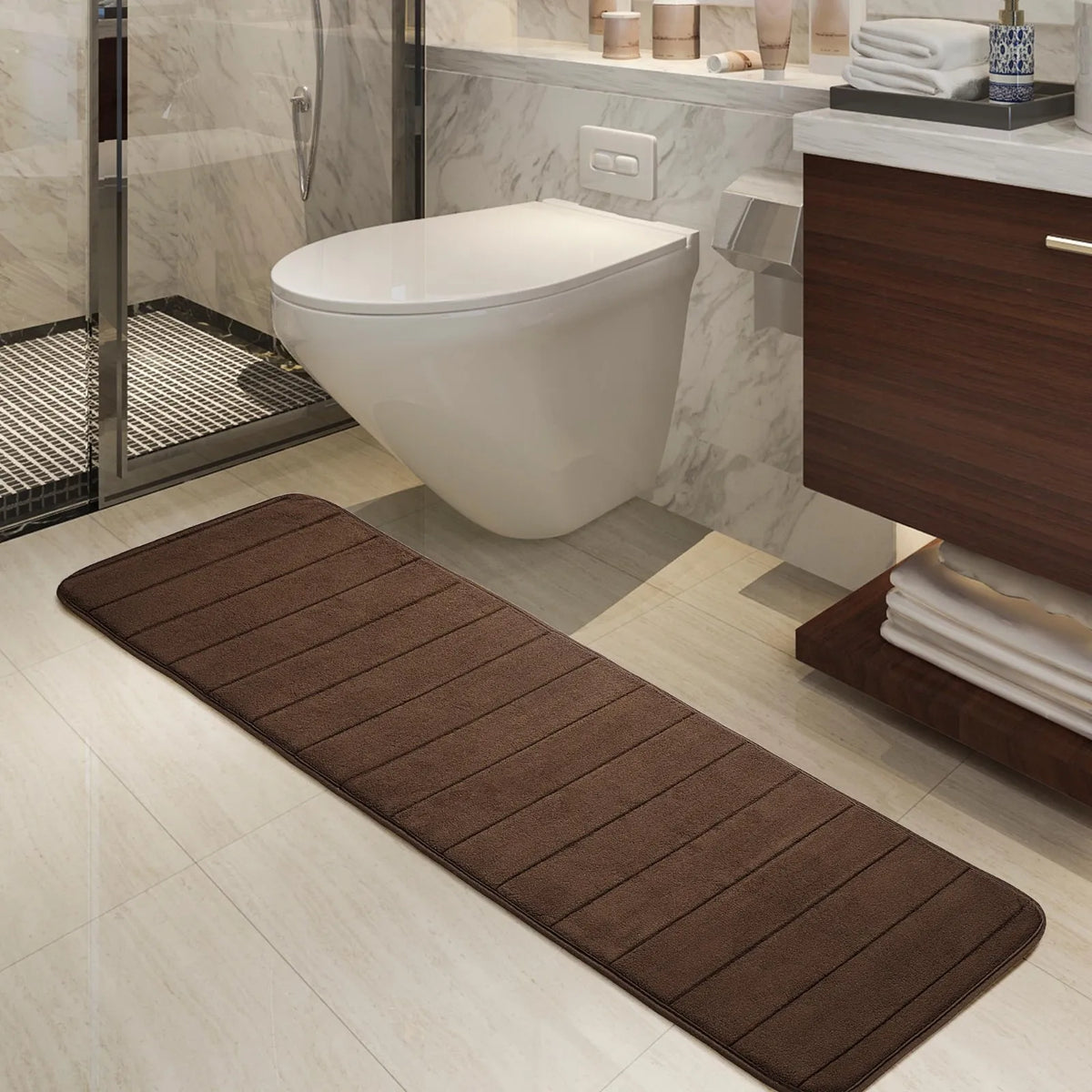 Extra Long Memory Foam Bath Mat – Brown Non-Slip Shower Runner