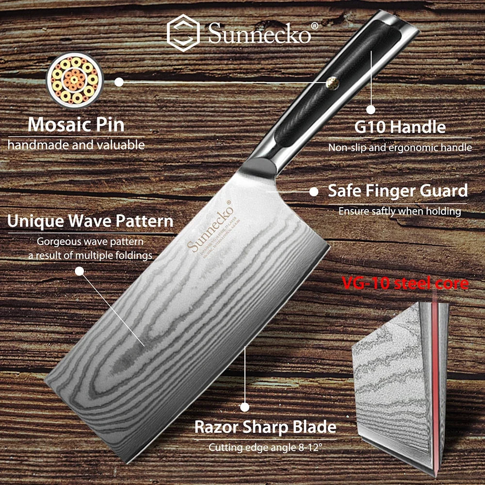 Sunnecko 7" VG10 Damascus Steel Cleaver Knife – G10 Handle