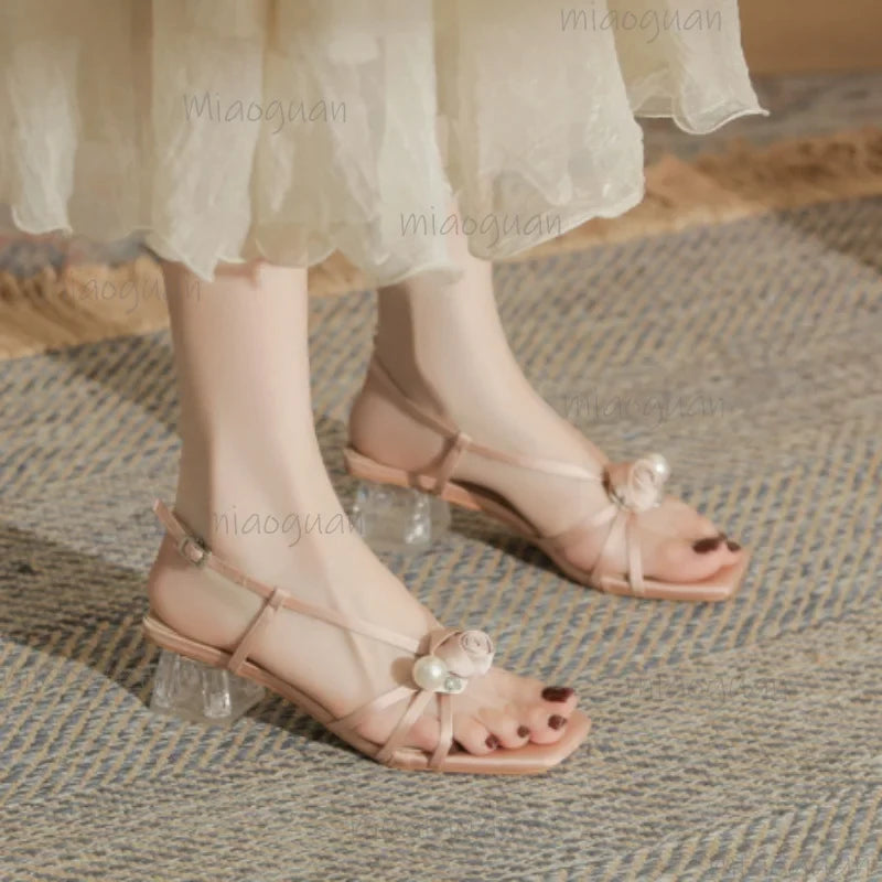 Camellia Pearl Rhinestone High Heel Sandals for Women