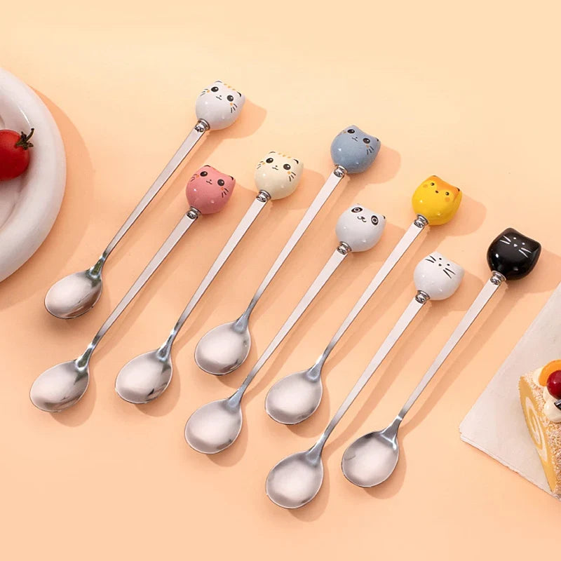 Stainless Steel Coffee Dessert Spoons Long Cat Handle Cartoon Ice